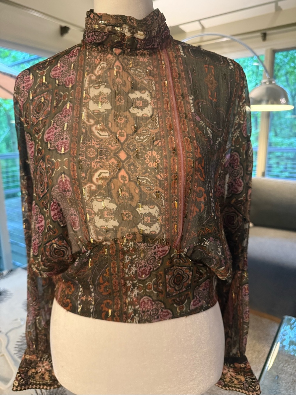 Zara Sheer Paisley High-Neck Blouse in Olive,Gold tones and Beaded Cuffs